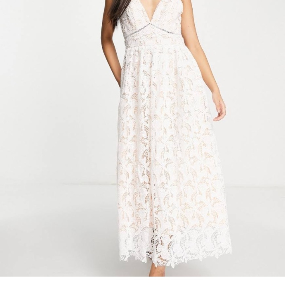 Asos maxi lace dress in light pink and white